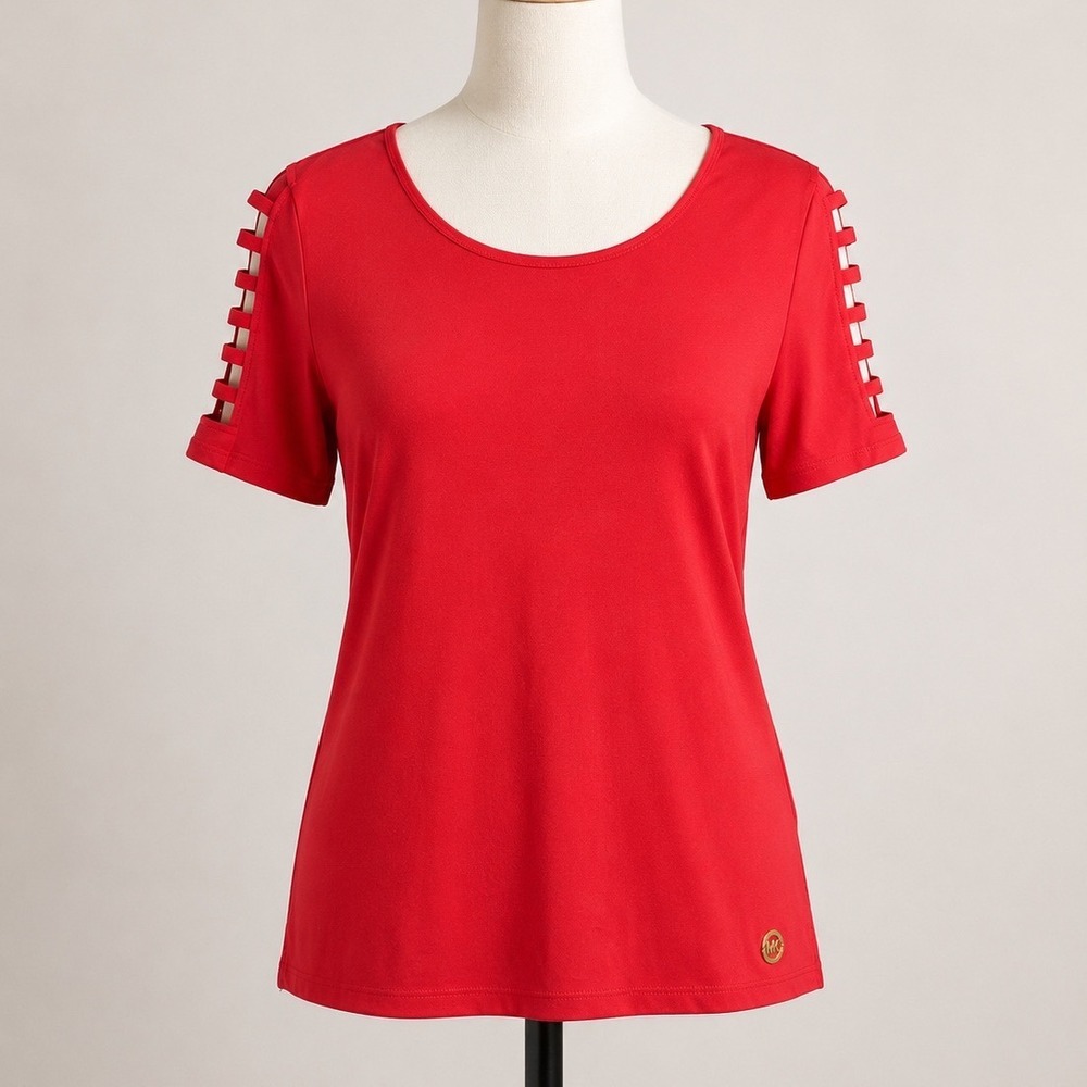 Michael Kors Red Ladder Cutout Shoulder Short Sleeve Top Blouse Womens Large - Picture 1 of 7